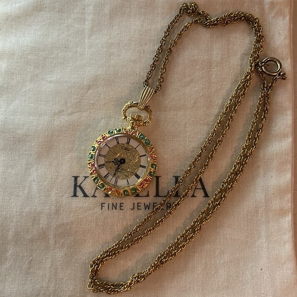 Vintage Enameled Pendant Watch- Colibri 17 Jewel Incabloc - With 26” Chain - Picture 5 of 6